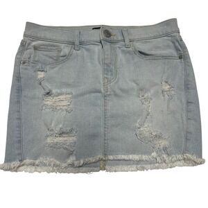 Express Light‎ Wash Distressed Denim Mini Skirt Frayed Hem Size 0